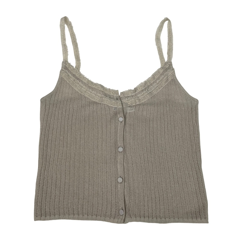 Zara Pointelle Knit Camisole Top Beige Lace Trim Button Front Sheer Size S